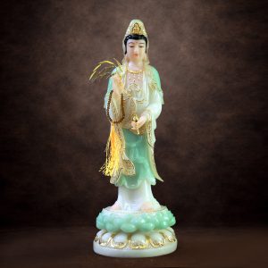 Tượng Quan Âm Đứng Đài Sen, Bột Đá Xanh Trắng Viền Vàng, Cao 40cm