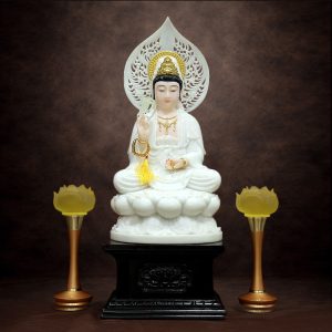 Tượng Đức Quan Âm Ngồi Bột Đá Hồng Có hào Quang, Cao 48cm (Tổng 60cm)