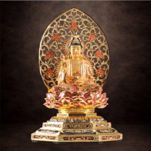 Tượng Quan Âm Ngồi Đài Sen, Đế Bát Giác, Bằng Đồng Mạ Vàng, Cao Tổng Lá Đề 61cm