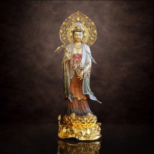 Tượng Quan Âm Đứng, Chất Liệu Đồng, Sơn Vẽ Gấm, Cao 66cm (Tổng Lá Đề 78cm)