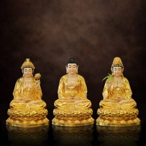 Bộ Tây Phương Tam Thánh Ngồi, Chất Liệu Composit Dát Vàng, Cao 50cm
