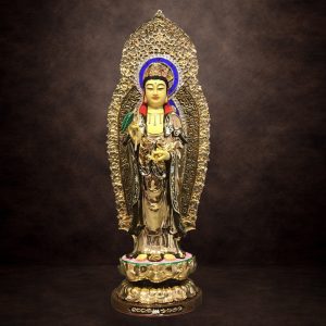 Tượng Phật Bà Quan Âm Đứng Có Hào Quang, Đồng Đài Loan Mạ Vàng, Kích Thước 40x15x15cm (Tổng Cao 51cm)