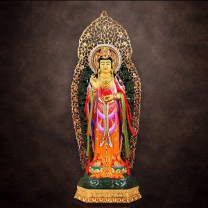 Tượng Phật Bà Quan Âm Đứng Áo Đỏ Có Hào Quang, Đồng Đài Loan Mạ Vàng, Kích Thước 48x21x25cm (Tổng Cao 62cm)