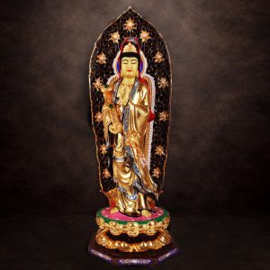 Tượng Quan Âm Như Ý Đứng Có Hào Quang, Bằng Đồng Đài Loan Mạ Vàng, Kích Thước 64x27x27cm (Tổng Cao 76cm)