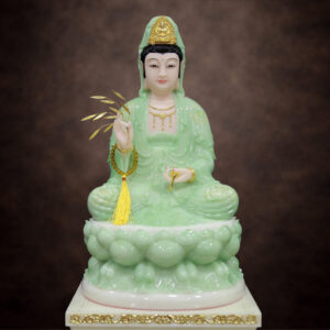Tượng Bồ Tát Quan Âm Ngồi, Bột Đá Xanh Ngọc Vẽ Hoa 3D, Cao 48cm